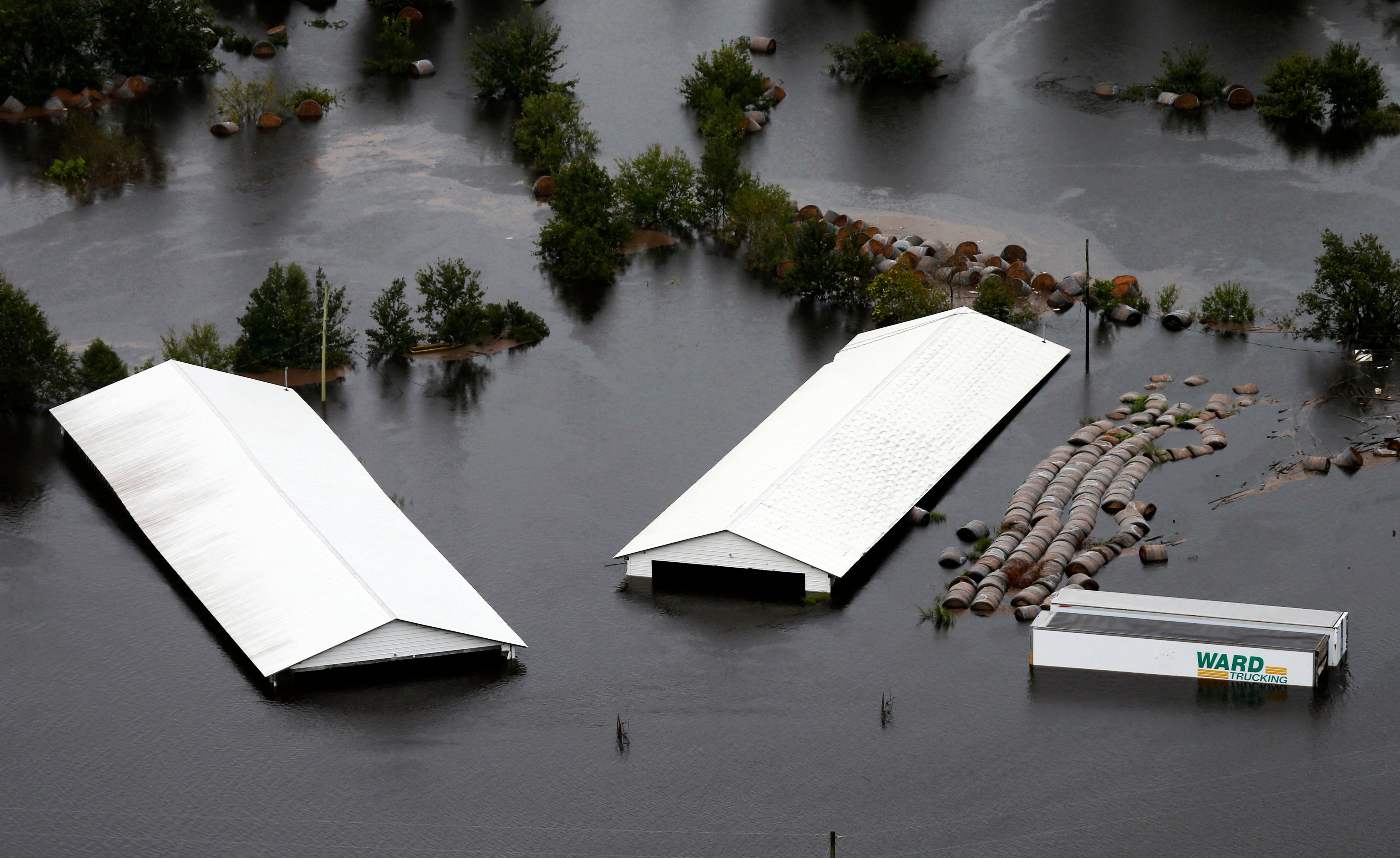 farm buildings are inundated with floodwater from hurricane